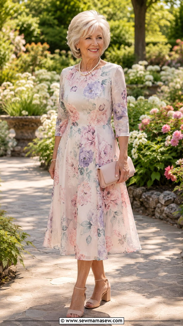 Floral Midi Dress With Nude Block Heels - 20 Wedding guest outfit ideas for 70 year old