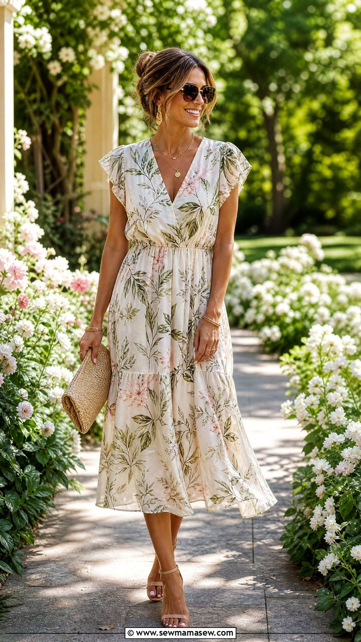 Floral Midi Dress With Nude Sandals - 25 Retirement party outfit ideas