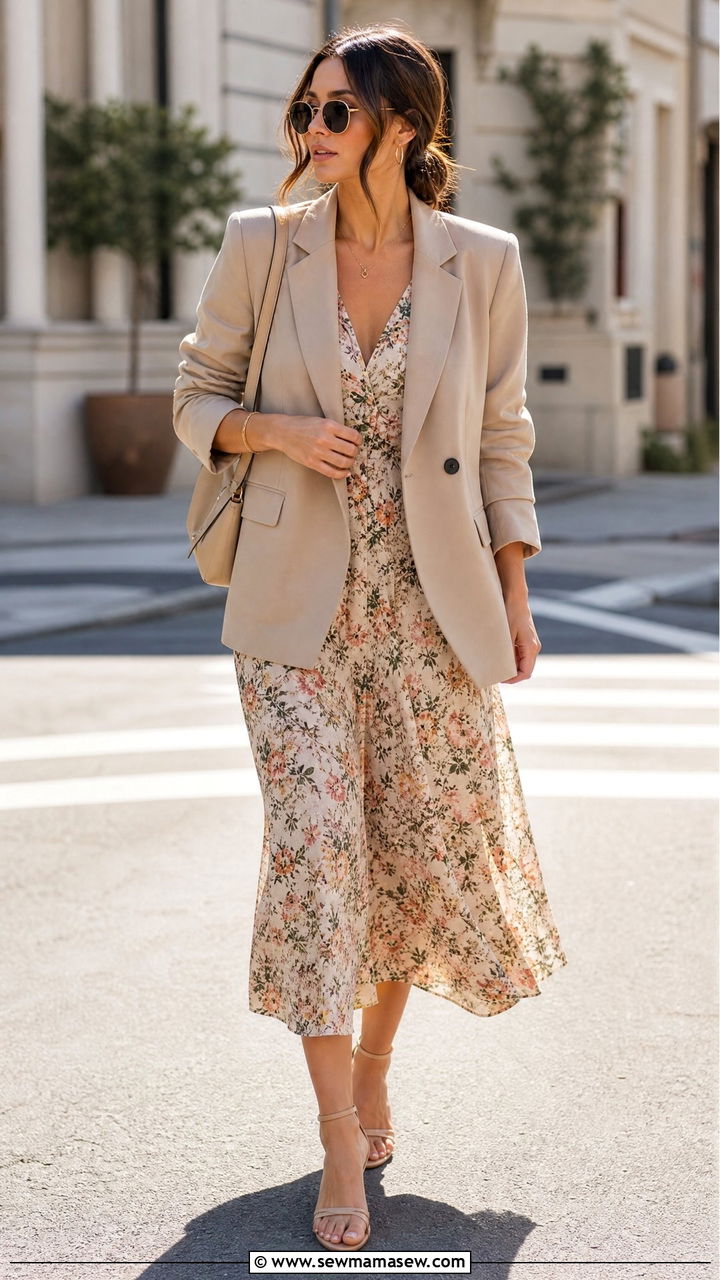 Floral Midi Dress With Oversized Blazer - 30 Midi dress with blazer outfit ideas