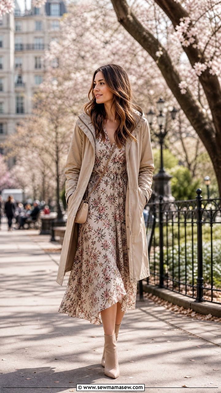Floral Midi Dress With Parka and Ankle Boots - 25 Spring outfits with parka