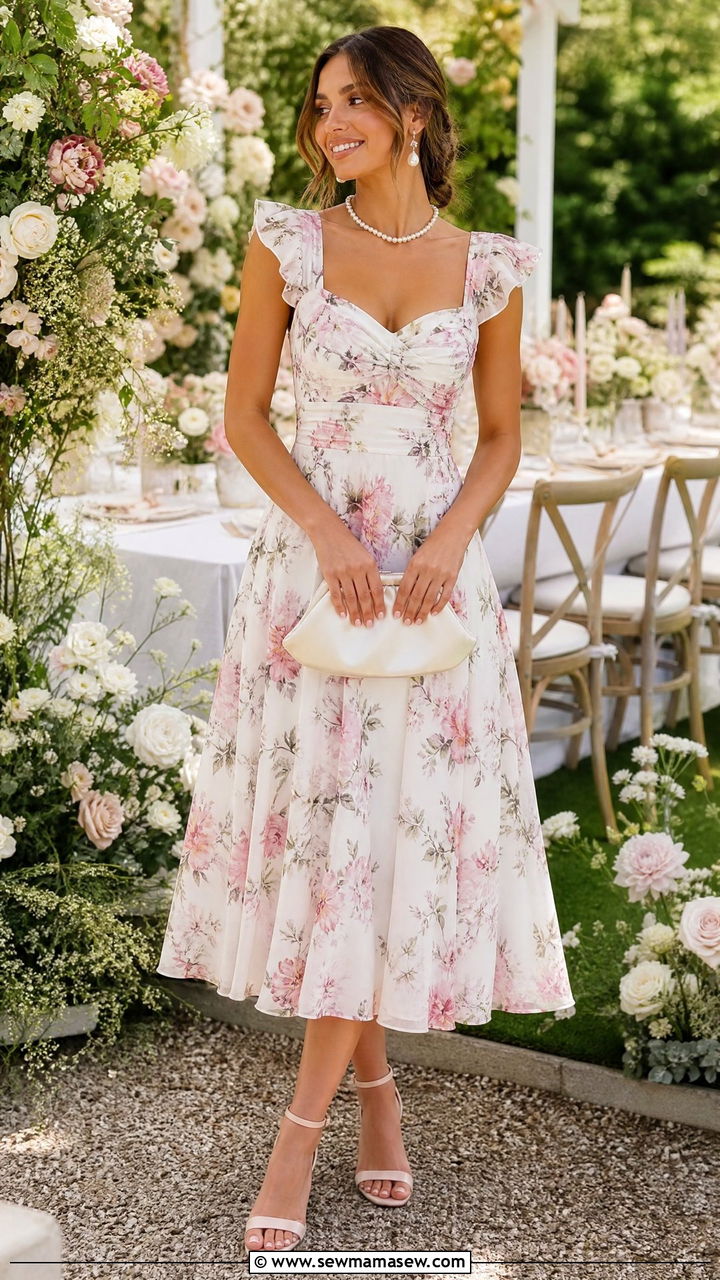 Floral Midi Dress With Pearl Accessories - 30 summer floral dress outfit ideas