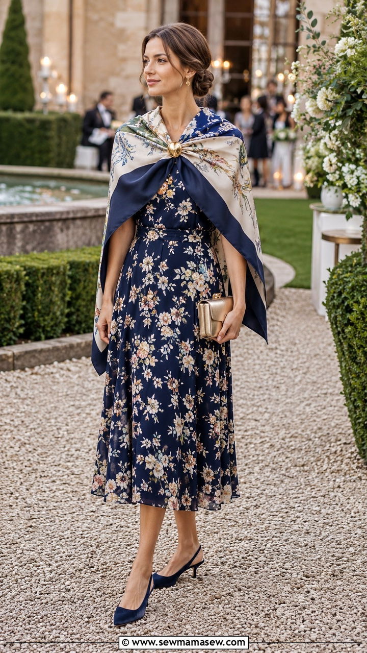 Floral Midi Dress With Shawl Draped Silk Scarf - 20 Old money outfit ideas with silk scarf Hermes style