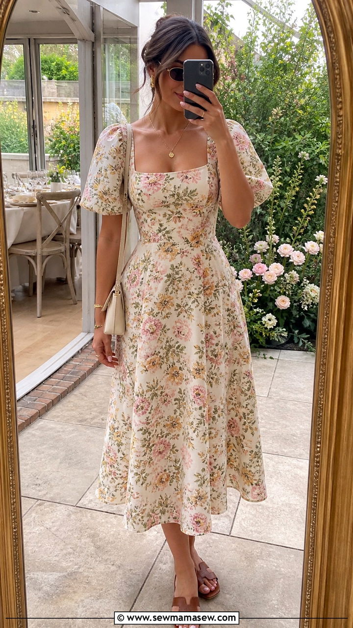 Floral Midi Dress With Slides - 40 Chic summer outfit ideas 2026