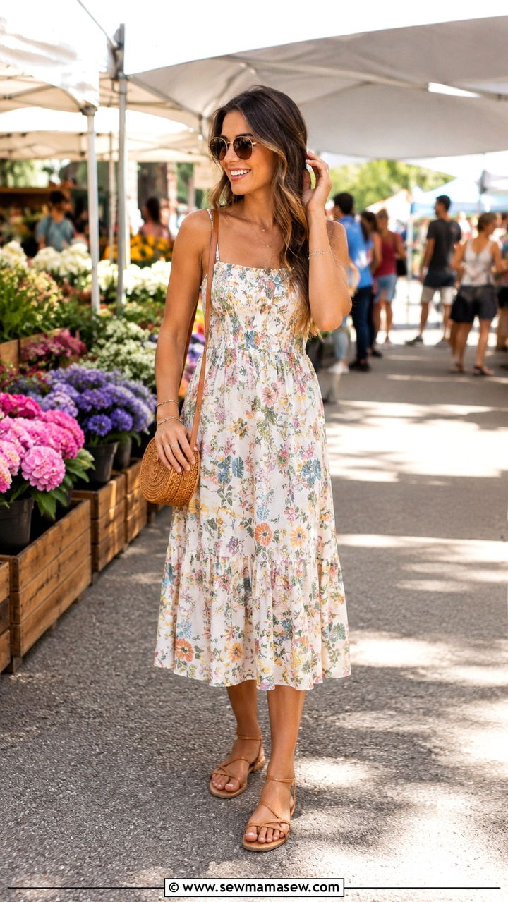Floral Midi Dress With Strappy Flat Sandals - 30 Midi dress with sandals outfit ideas
