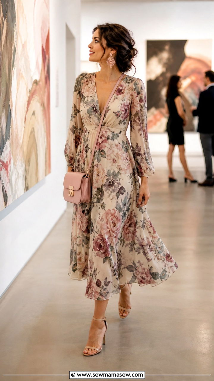 Floral Midi Dress With Strappy Heels and a Crossbody Bag - 20 Art gallery opening outfit ideas
