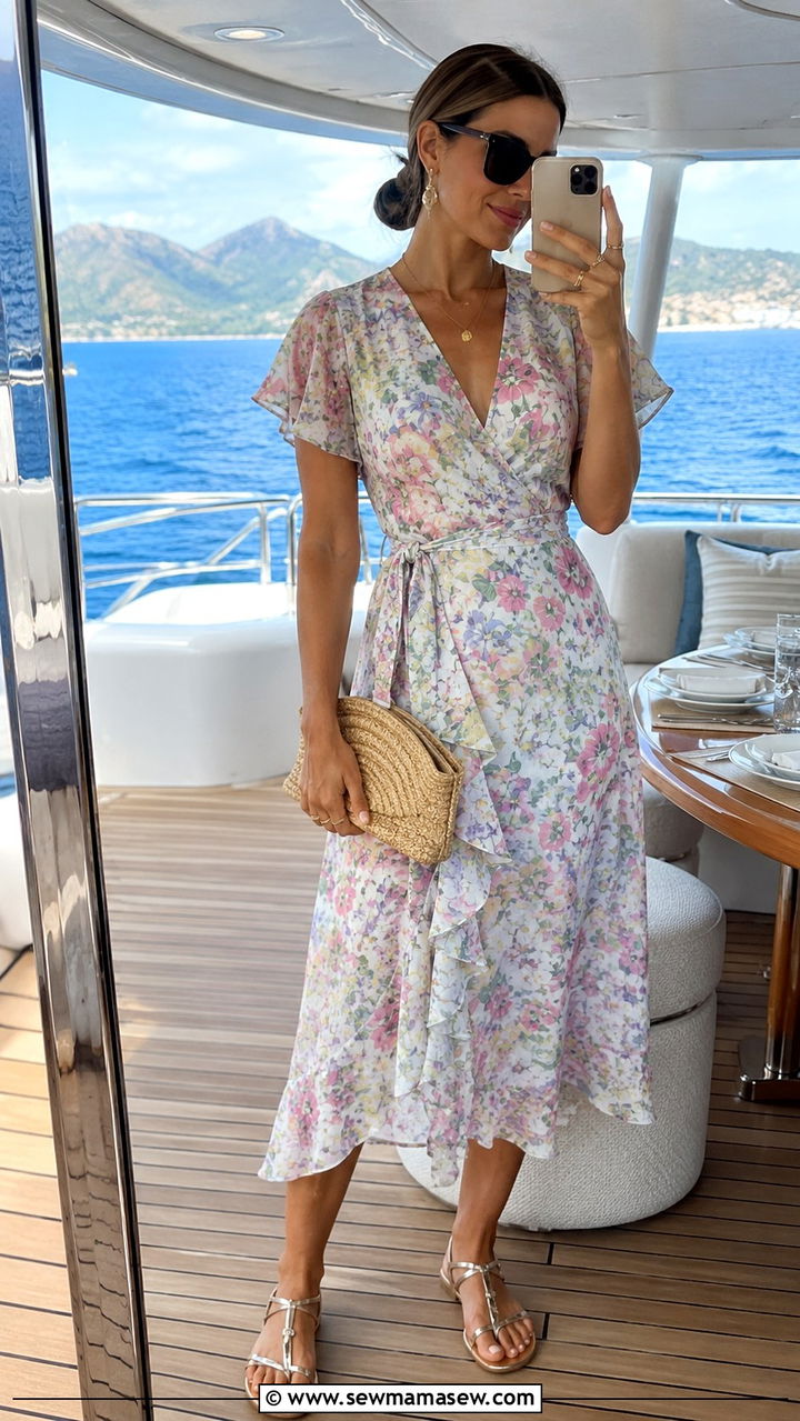 Floral Midi Dress With Strappy Sandals - 20 Summer yacht outfit ideas