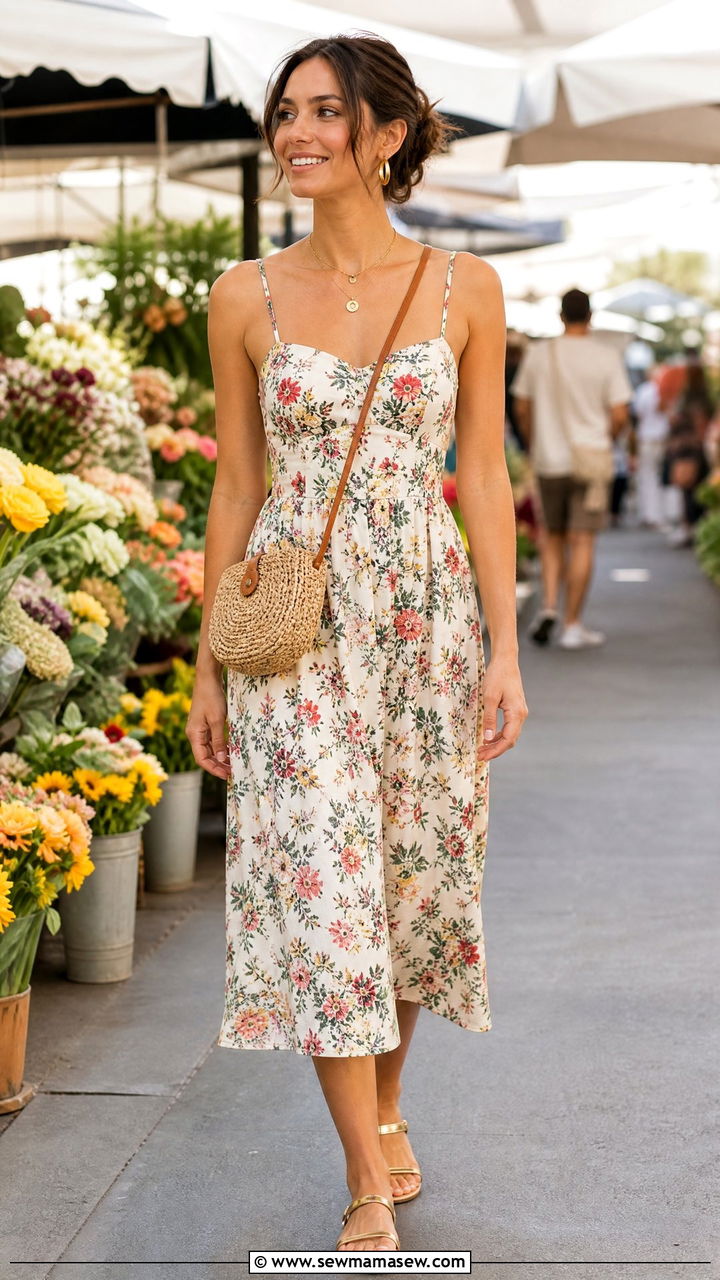 Floral Midi Dress With Strappy Sandals - 30 Summer farmers market outfits