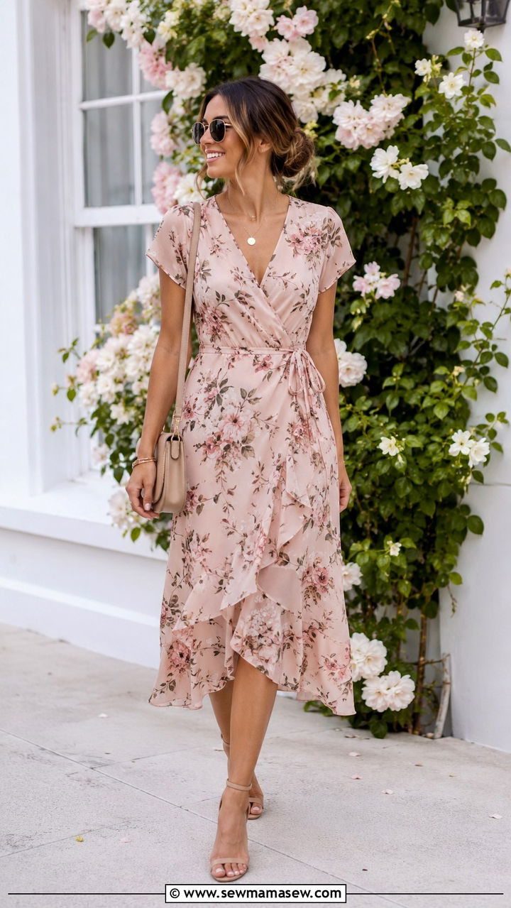 Floral Midi Dress With Strappy Sandals - 25 seasonal bridal shower outfit ideas