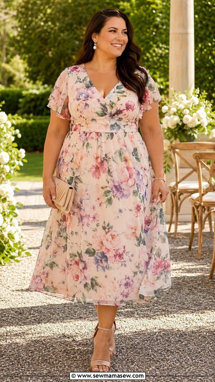 Floral Midi Dress With Strappy Sandals - 25 Wedding guest outfit ideas size 18