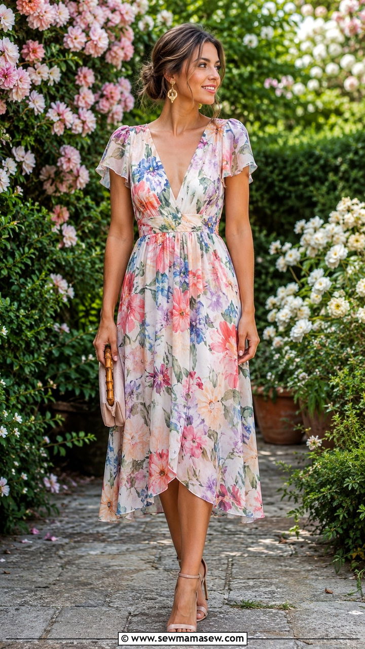 Floral Midi Dress With Strappy Sandals - 30 chic spring wedding guest outfits for women