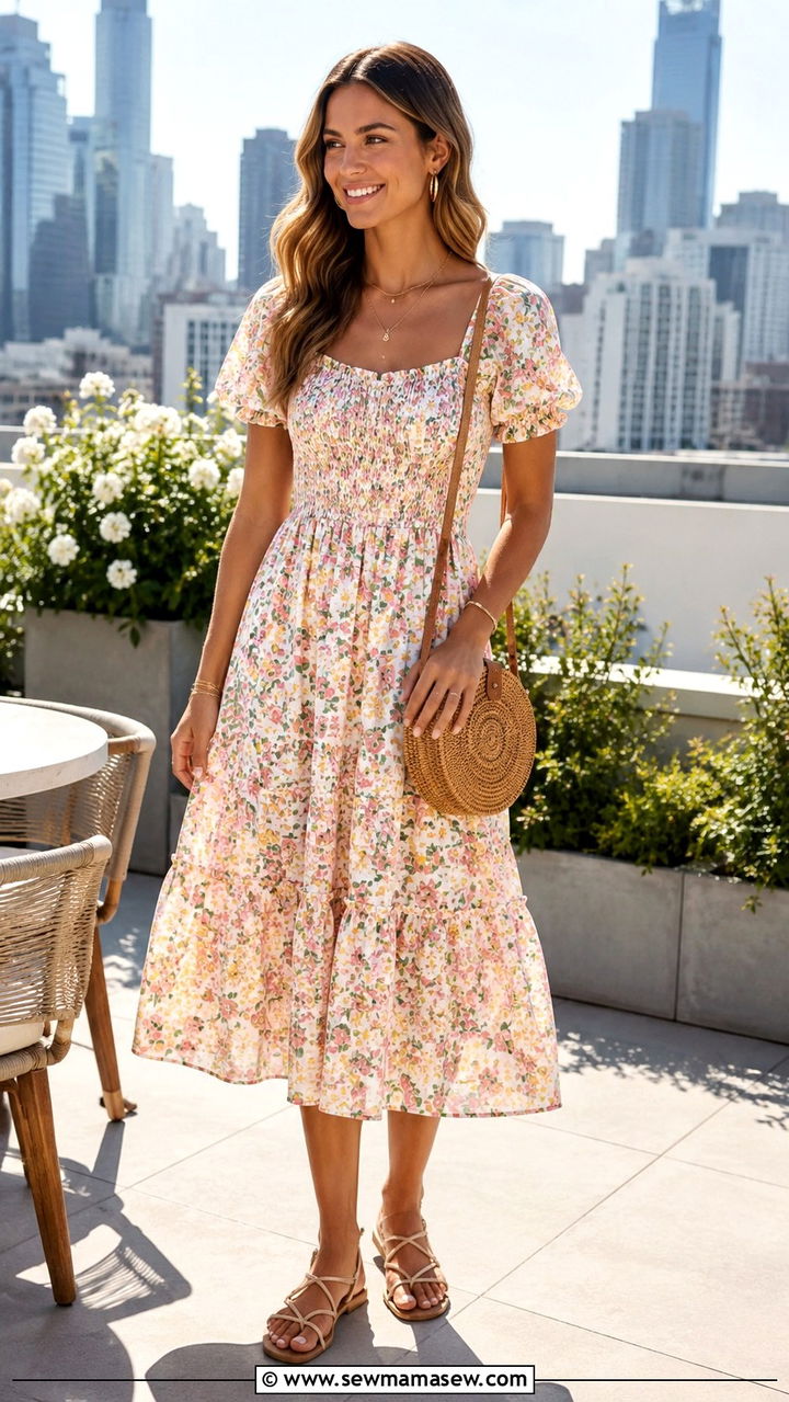 Floral Midi Dress With Strappy Sandals - 30 Rooftop brunch outfit ideas