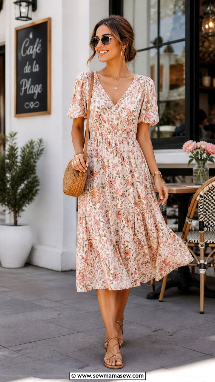 Floral Midi Dress With Strappy Sandals - 40 Brunch outfits for women