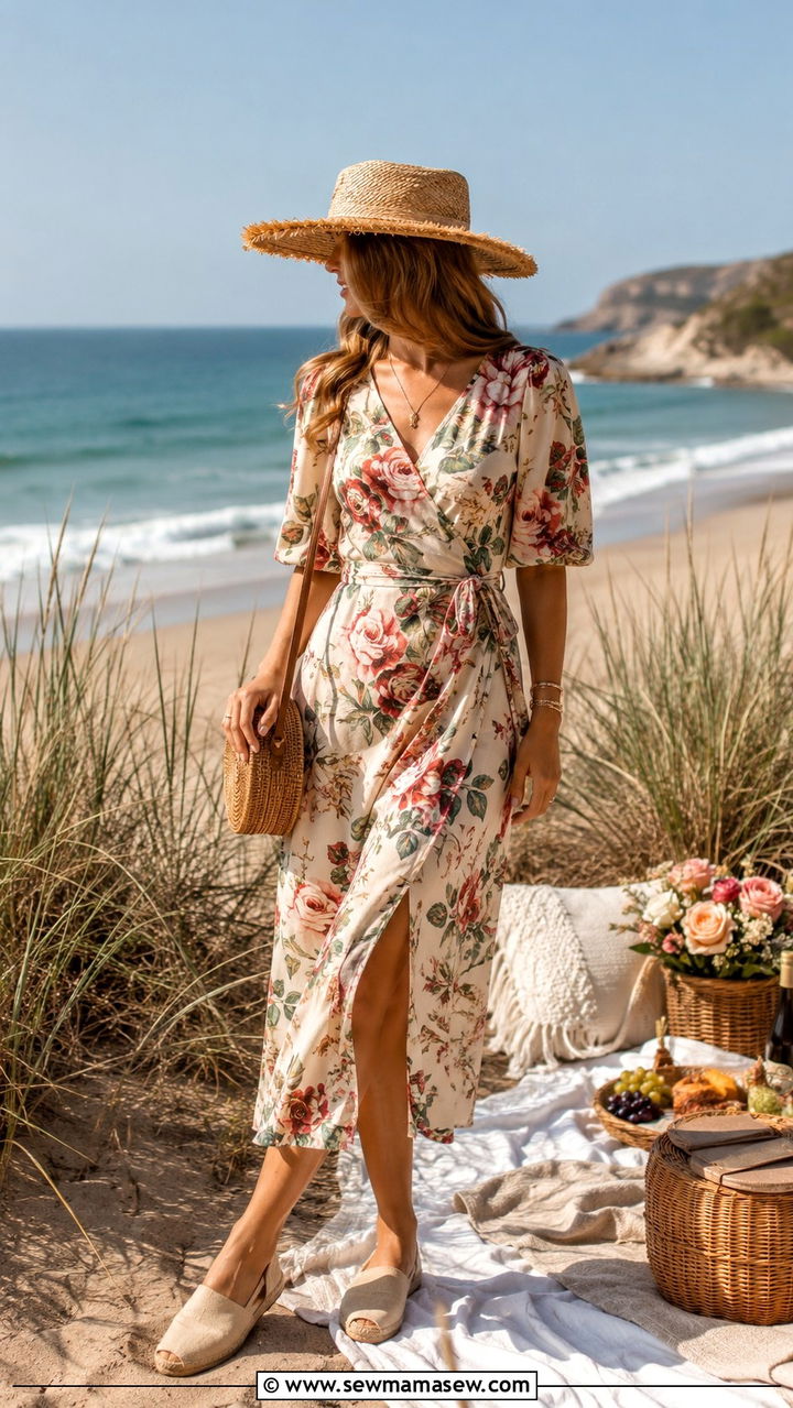 Floral Midi Dress With Straw Hat And Espadrilles - 30 Old money outfit ideas for Nantucket