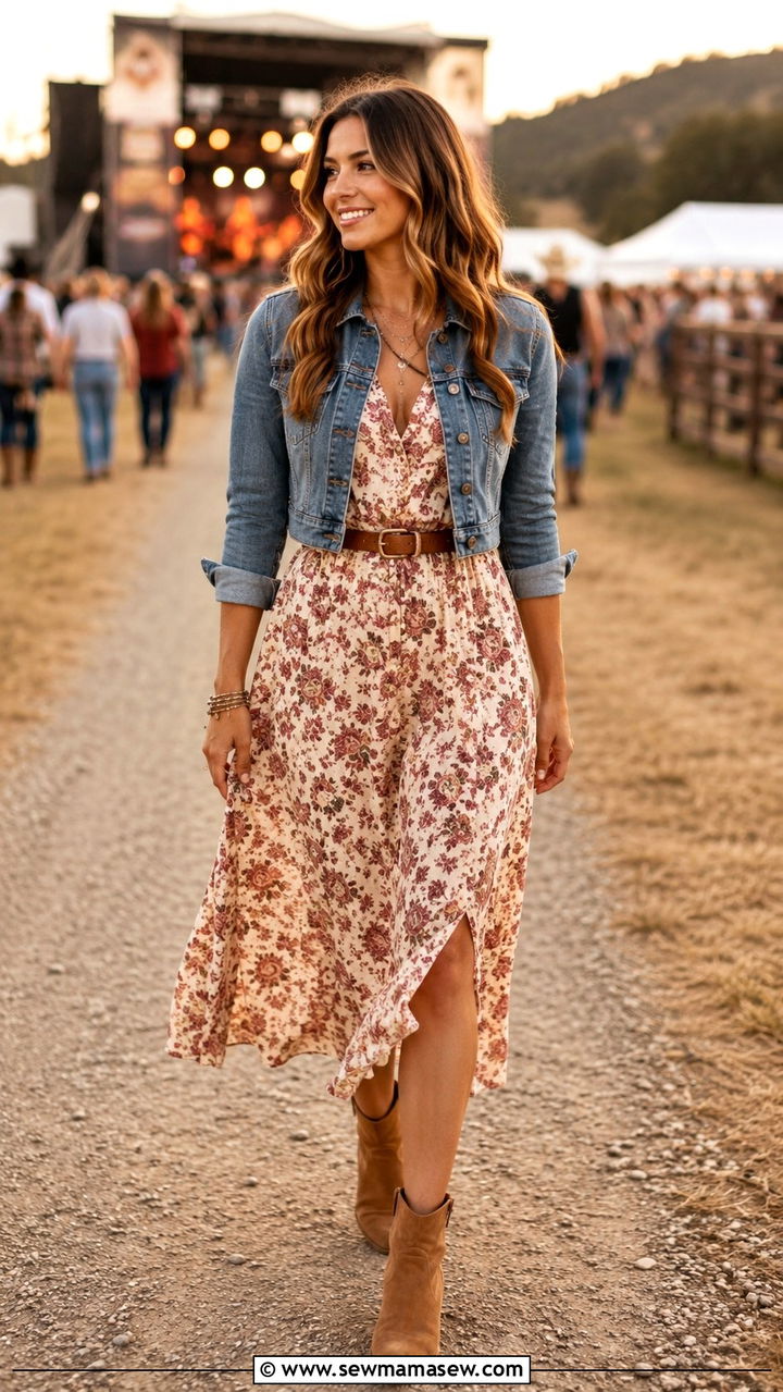 Floral Midi Dress With Suede Ankle Boots - 30 classy country concert outfit ideas