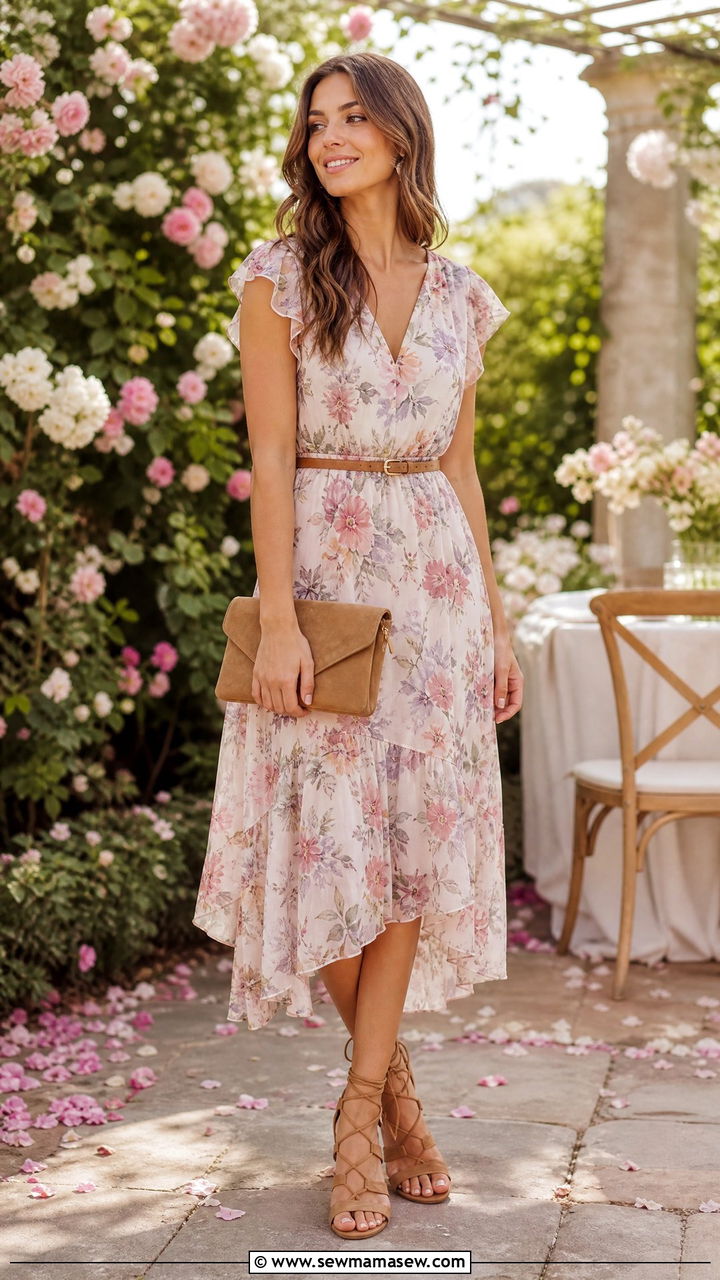 Floral Midi Dress With Suede Gladiator Sandals And Clutch - 30 Summer suede outfits