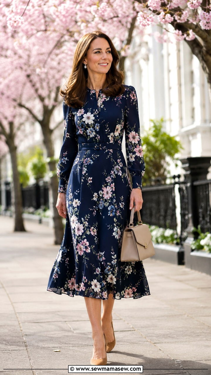 Floral Midi Dress With Suede Heels - 20 Old money outfit ideas Kate Middleton