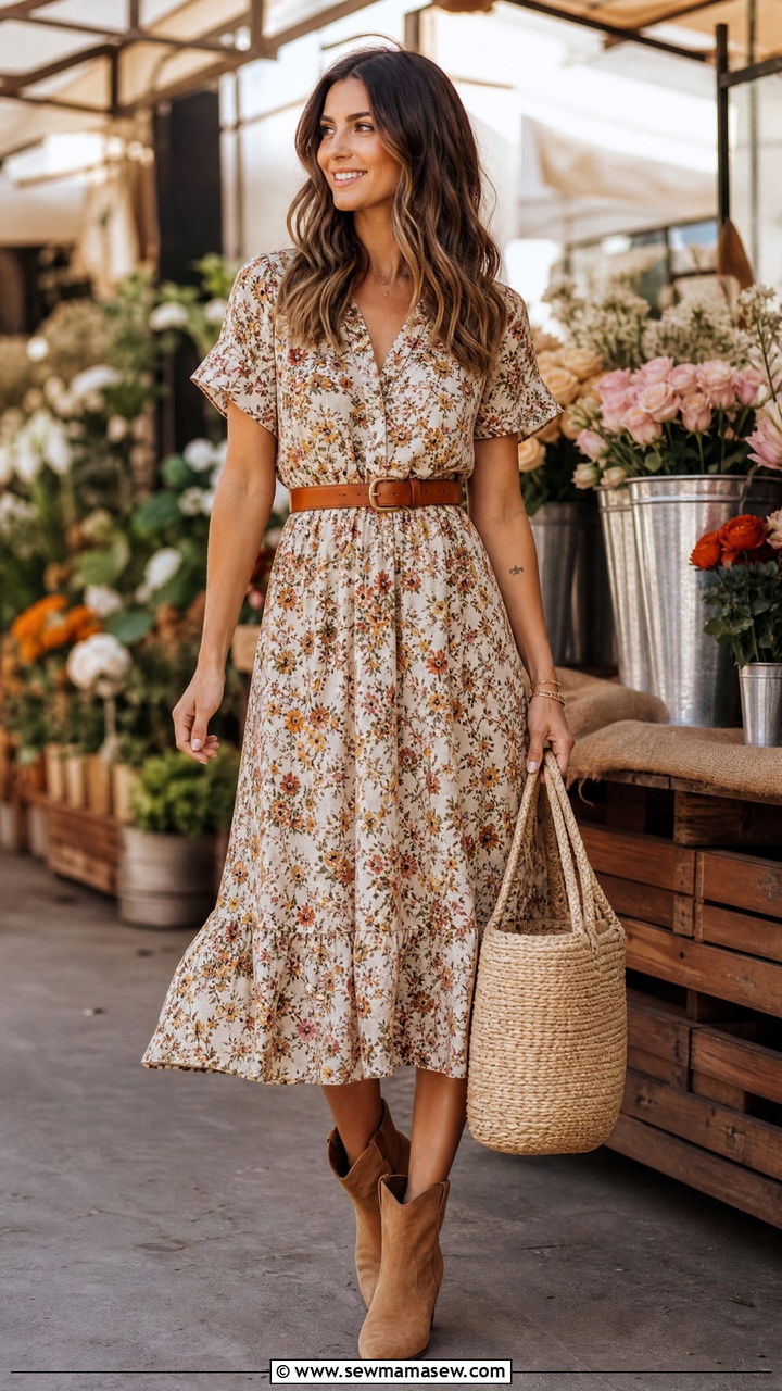 Floral Midi Dress With Tan Ankle Boots Western Outfit - 40 summer western outfits