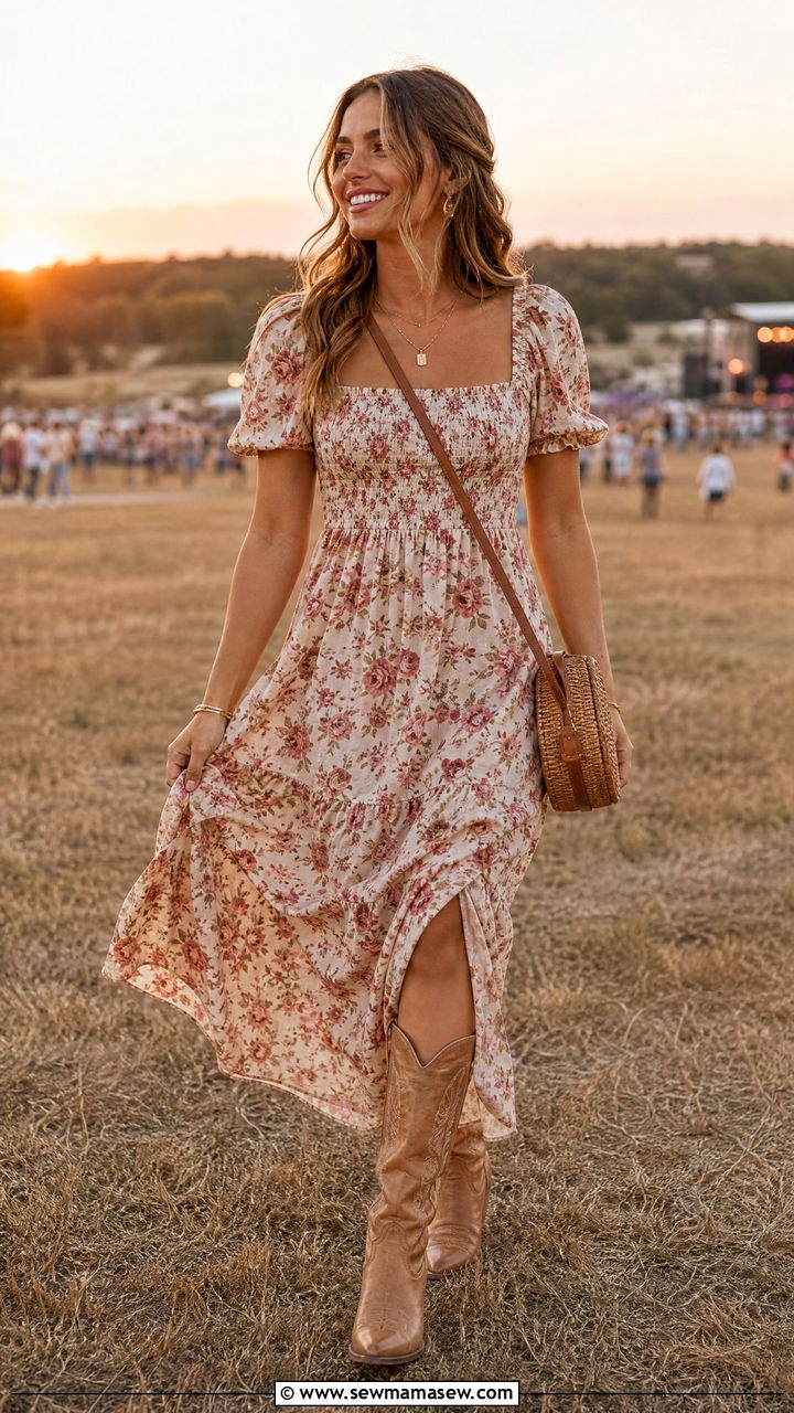 Floral Midi Dress With Tan Cowboy Boots - 30 Country concert outfit ideas with cowboy boots