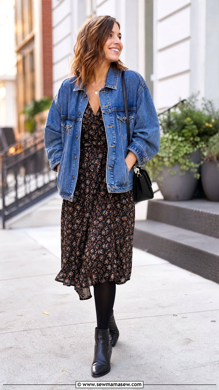 Floral Midi Dress With Tights And Denim Jacket - 30 Midi dress outfit ideas with tights