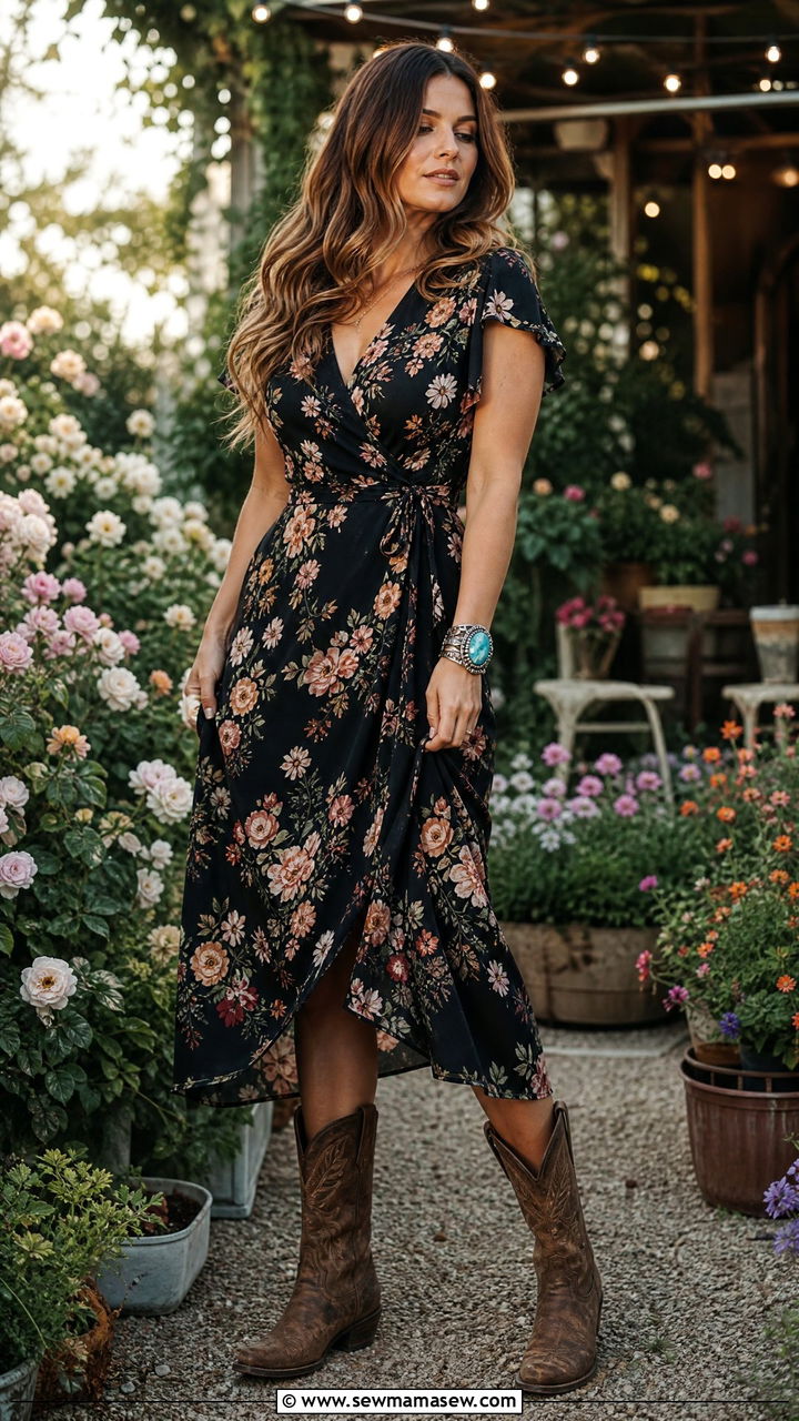 Floral Midi Dress With Turquoise Bracelet - 20 Western outfit ideas with turquoise jewelry