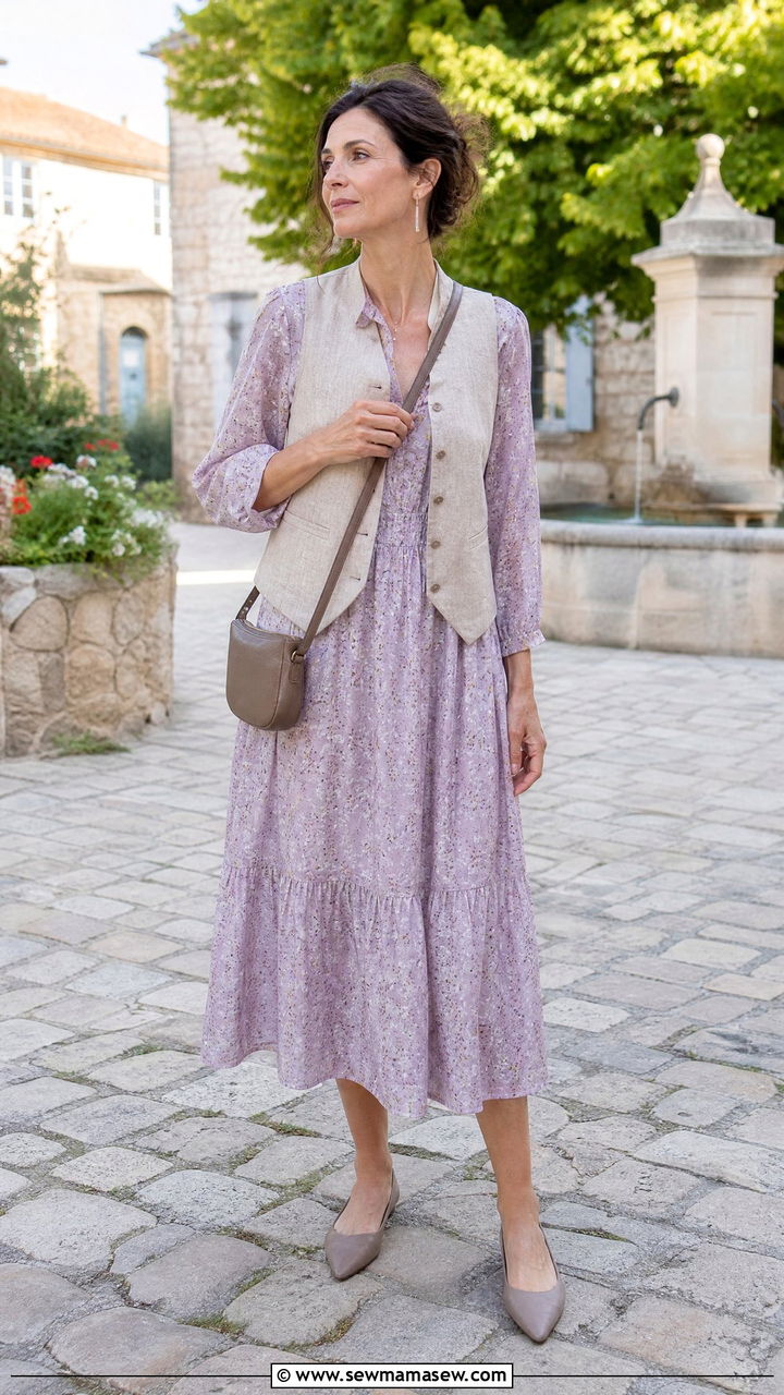 Floral Midi Dress With Waistcoat Vest - 30 cottagecore outfit ideas for women over 40