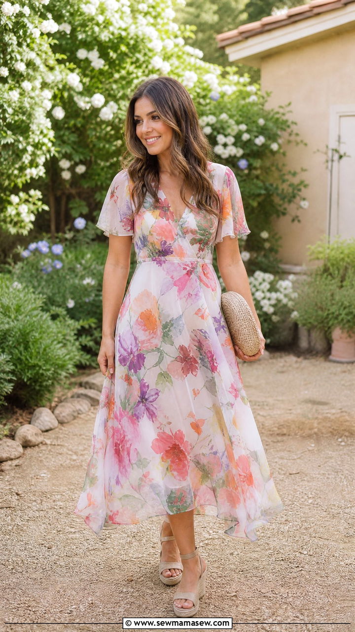Floral Midi Dress With Wedge Espadrilles - 25 Graduation photo outfit ideas