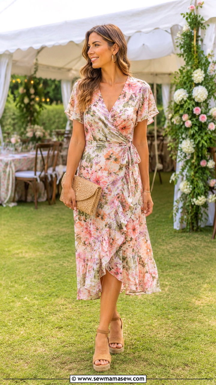 Floral Midi Dress With Wedge Sandals - 30 Tent wedding guest outfit ideas