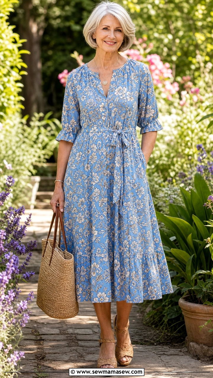 Floral Midi Dress With Wedge Sandals - 25 Cute outfits for women over 60