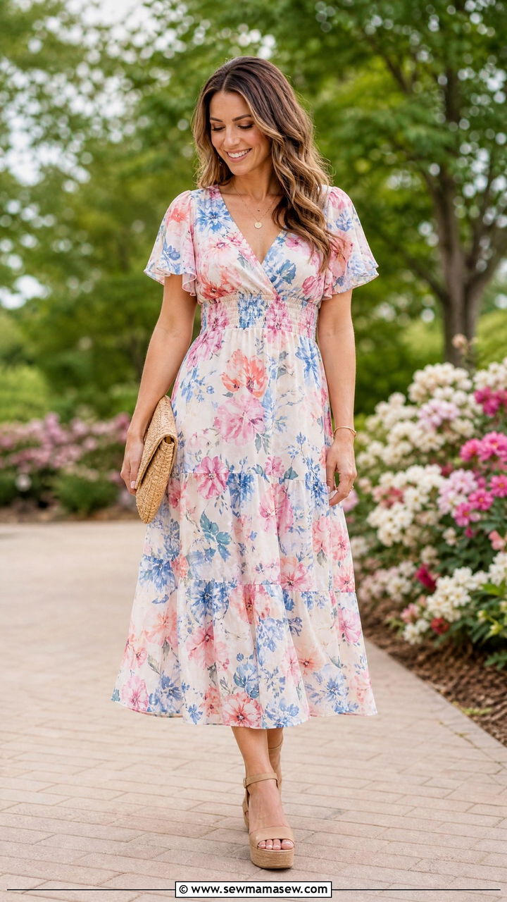 Floral Midi Dress With Wedge Sandals - 25 Gender reveal photo outfit ideas 2026