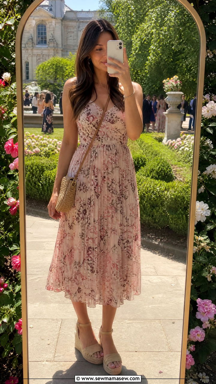 Floral Midi Dress With Wedges For Graduation - 35 Graduation outfits for women over 40