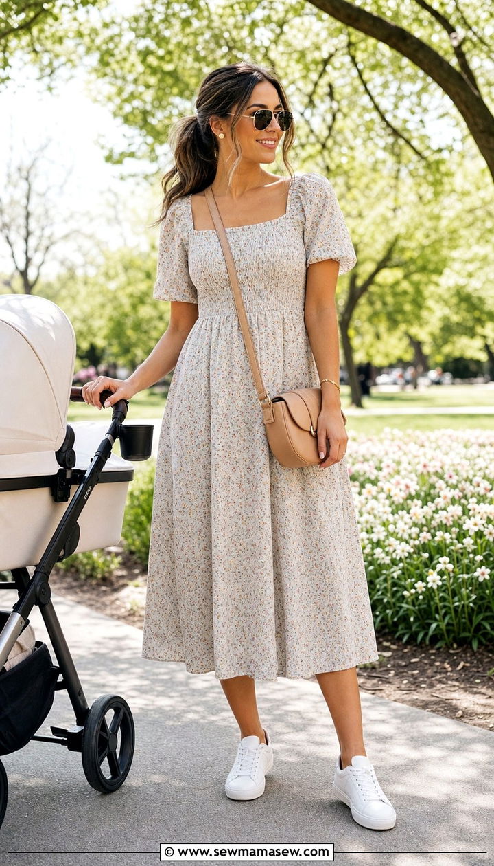 Floral Midi Dress With White Sneakers - 25 Spring outfit ideas for postpartum women