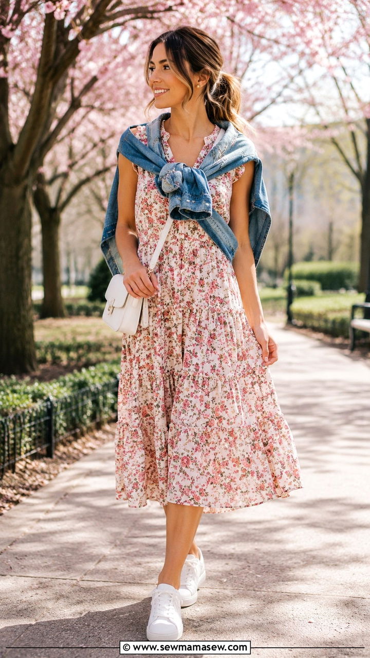 Floral Midi Dress With White Sneakers - 30 Pinterest outfits to copy