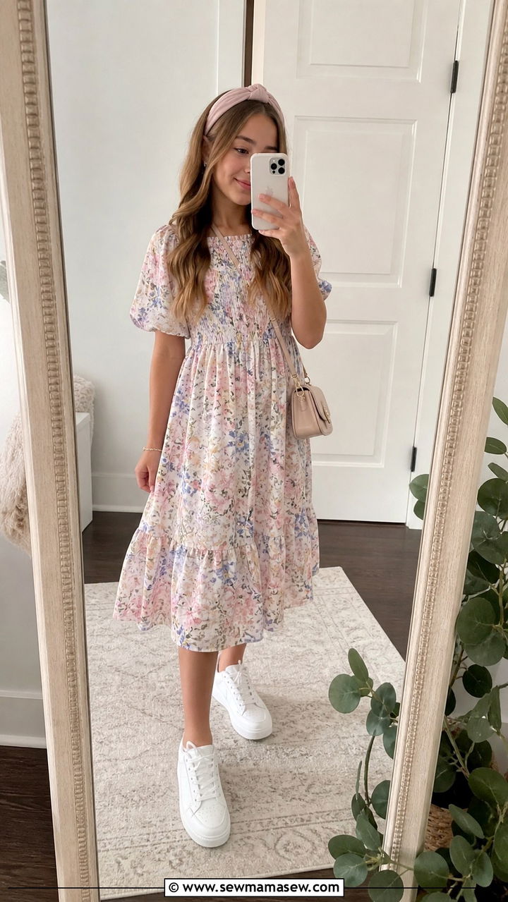 Floral Midi Dress With White Sneakers - 20 5th grade graduation outfit ideas