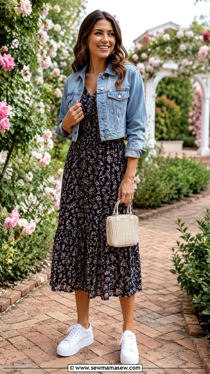 Floral Midi Dress With White Sneakers - 20 Modern spring outfit ideas 2026
