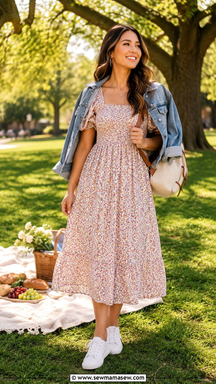 Floral Midi Dress With White Sneakers Outfit - 20 summer outfits 2026 women ideas