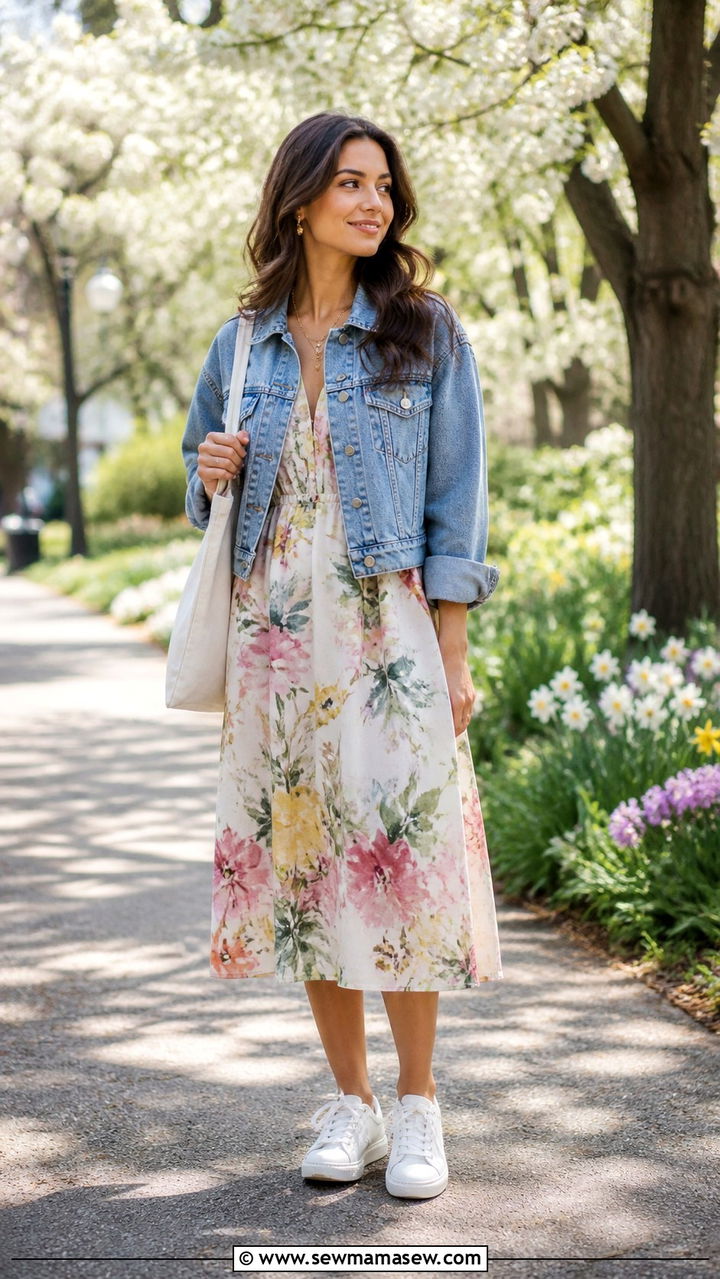 Floral Midi Dress With White Sneakers - 40 Cute spring outfits