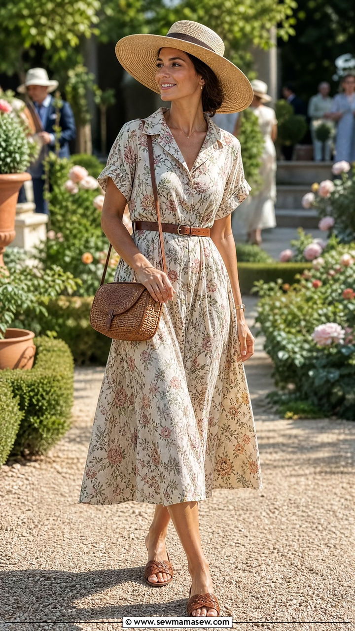 Floral Midi Dress With Wide Brim Sun Hat And Woven Sandals - 25 Old money outfit ideas with wide brim hat