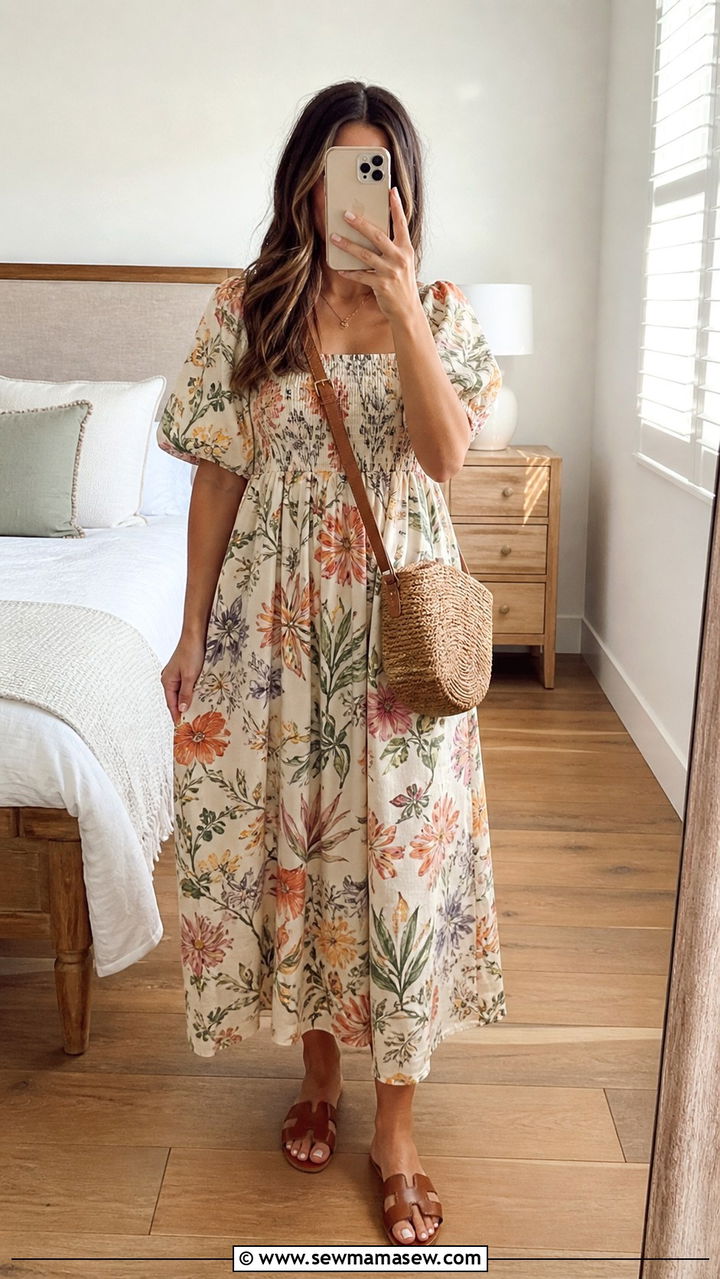 Floral Midi Dress With Woven Accessories - 40 Summer outfit inspiration