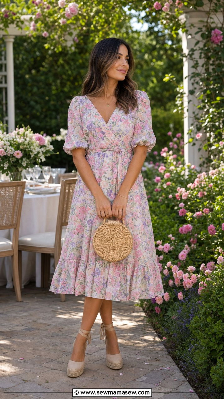 Floral Midi Dress With Woven Basket Bag - 25 Summer outfits with bags