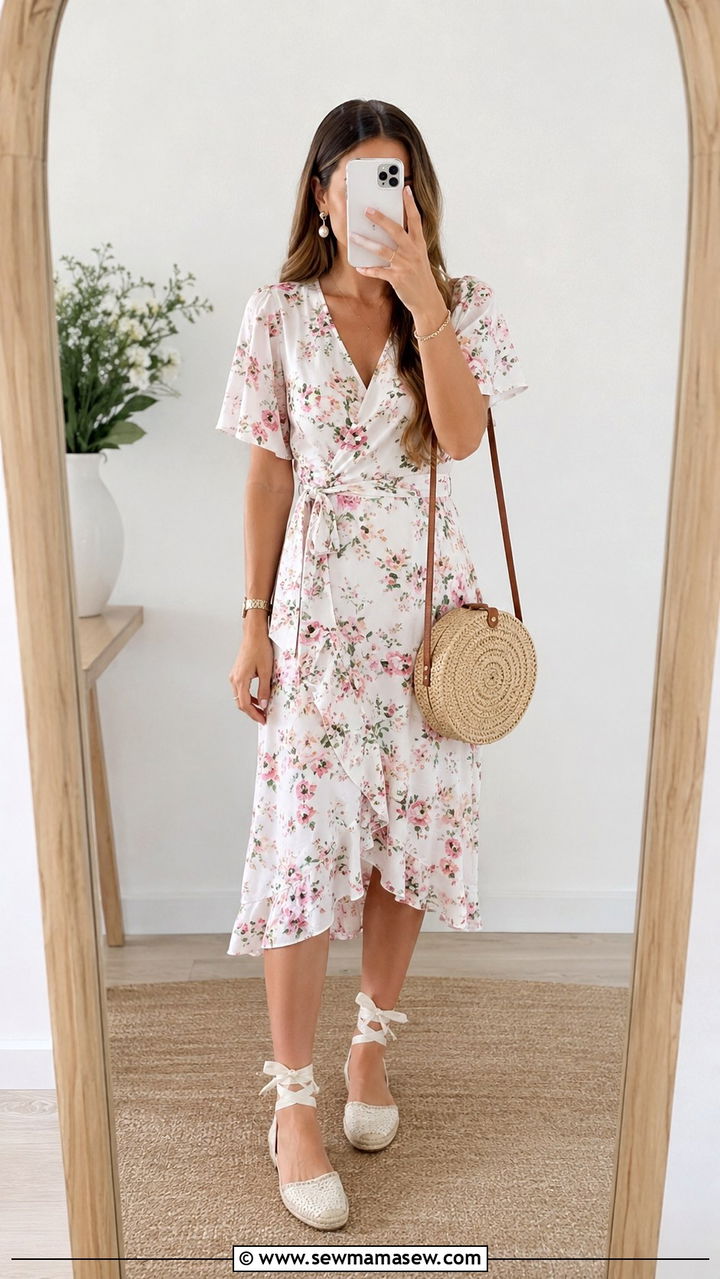 Floral Midi Dress With Woven Crossbody Bag - 30 Spring outfits with bags