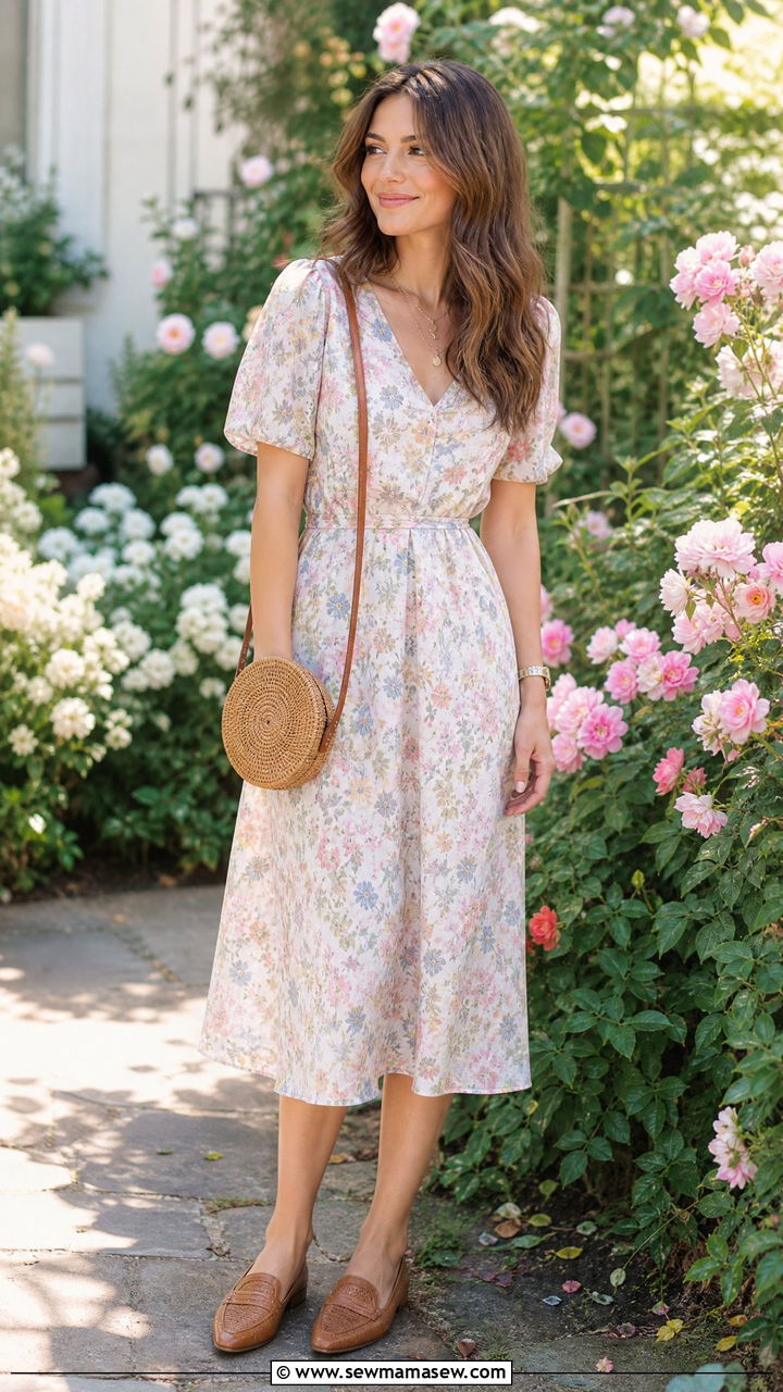 Floral Midi Dress With Woven Leather Loafers and a Straw Bag - 30 Summer outfits with loafers