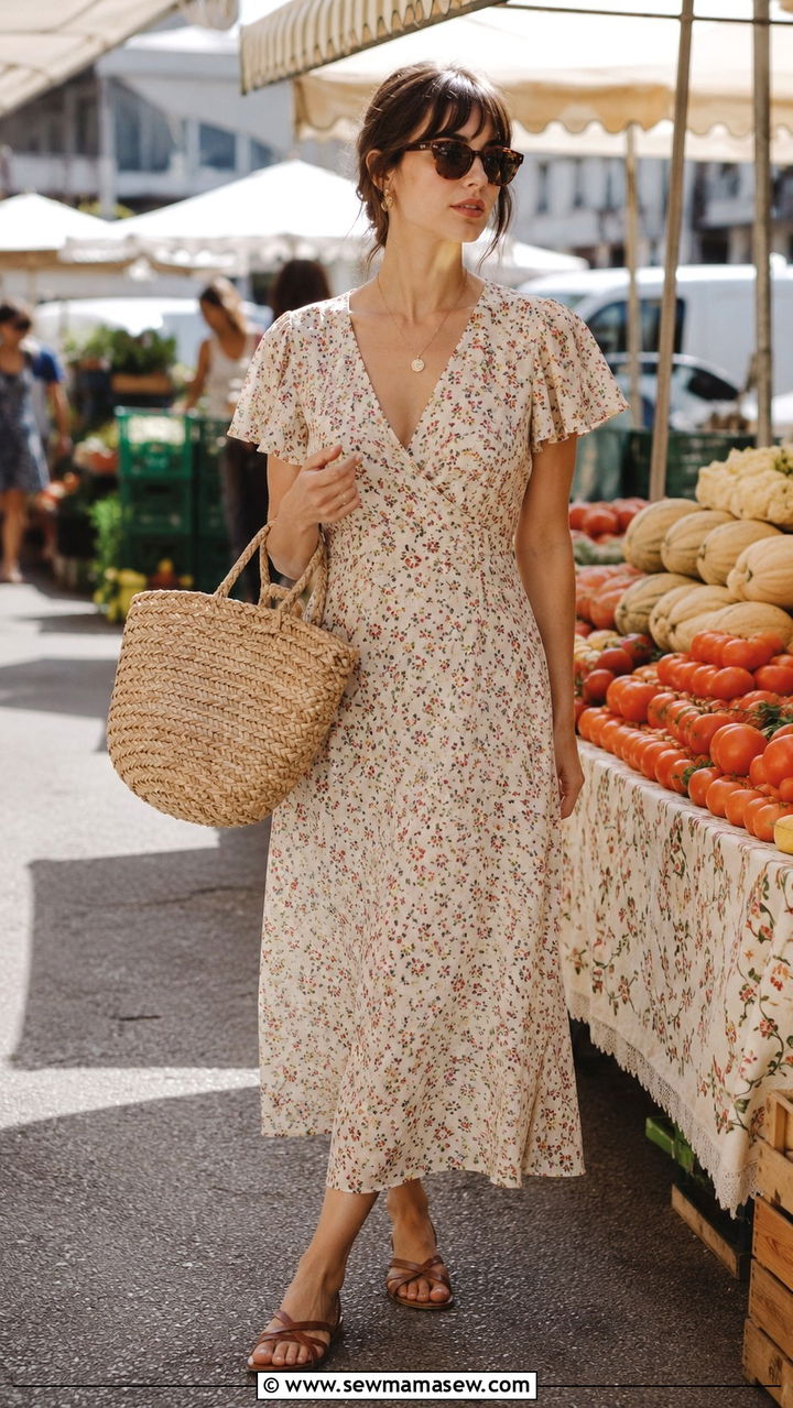Floral Midi Dress With a Basket Bag and Flat Sandals - 30 Jeanne Damas outfit ideas