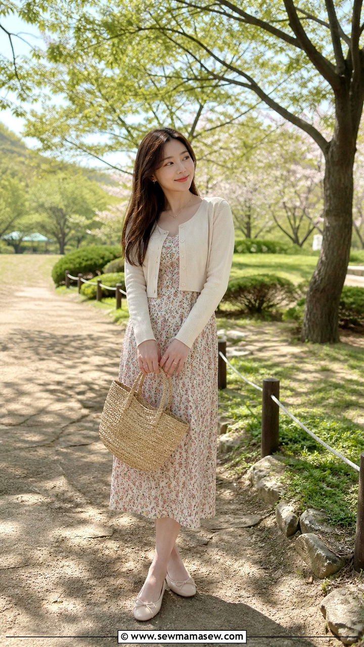 Floral Midi Dress With a Cropped Cardigan and Ballet Flats - 40 Korean outfit ideas