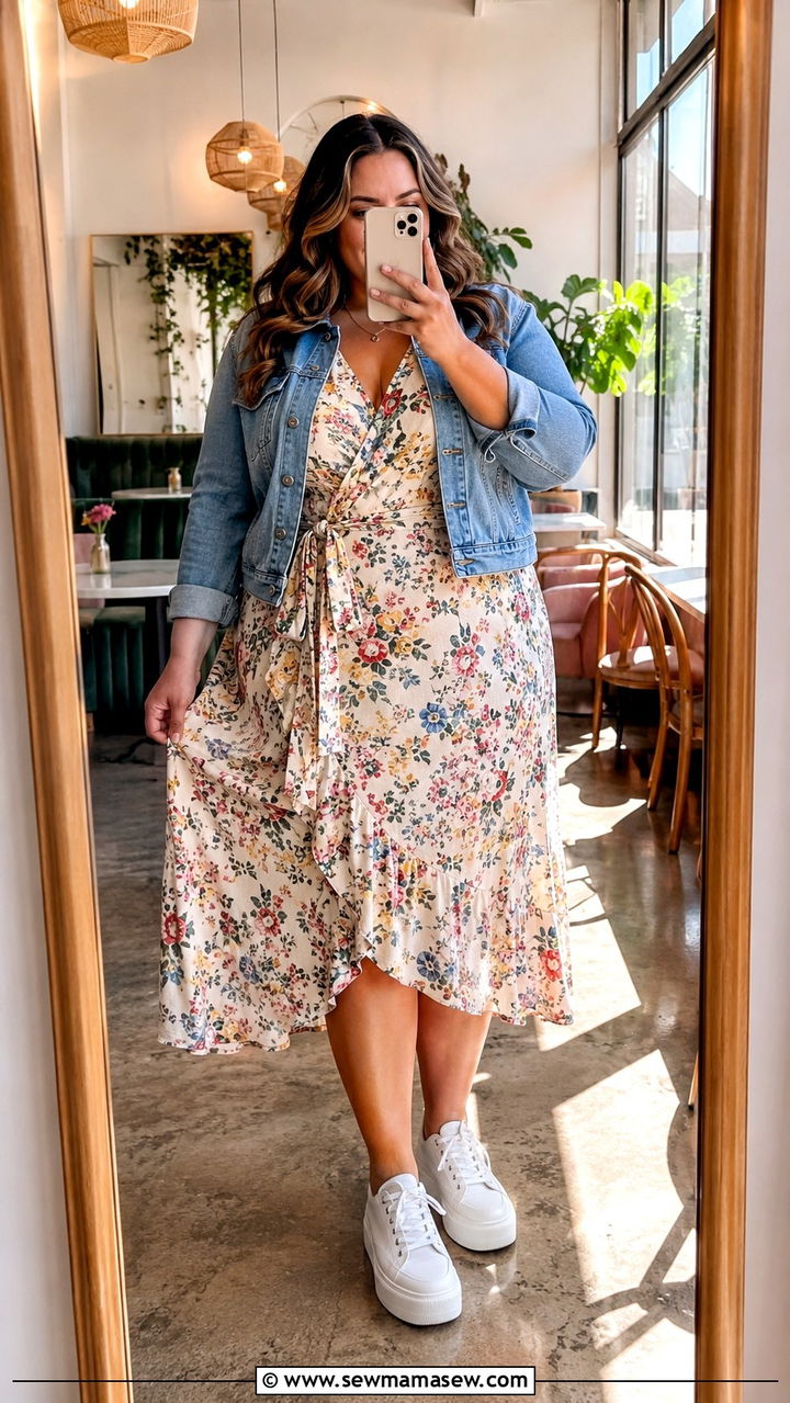 Floral Midi Dress With a Cropped Denim Jacket and White Sneakers - 20 Plus size outfit ideas size 18