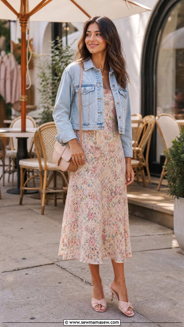 Floral Midi Dress With a Denim Jacket and Kitten Heel Mules - 25 Kitten heel outfit ideas