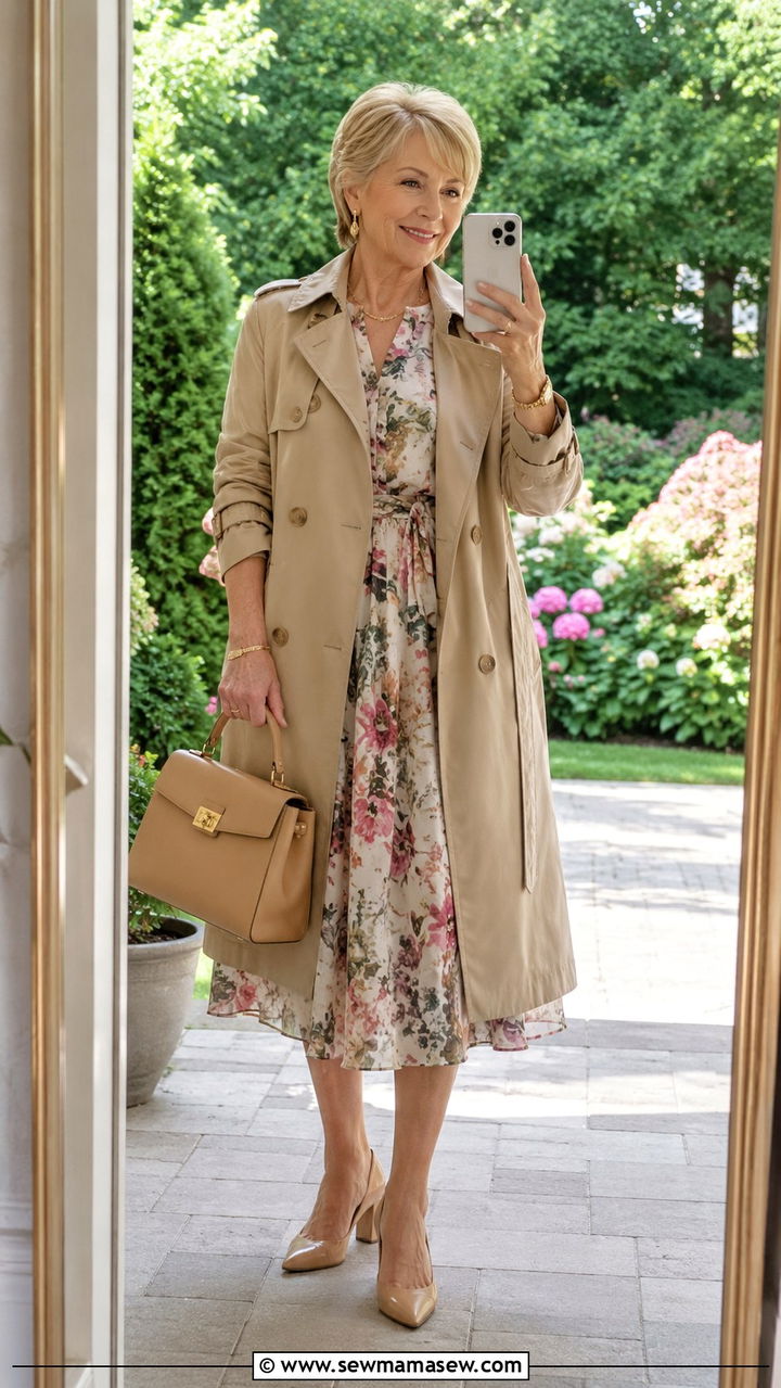 Floral Midi Dress With a Trench Coat - 30 Trendy outfit ideas for women over 60