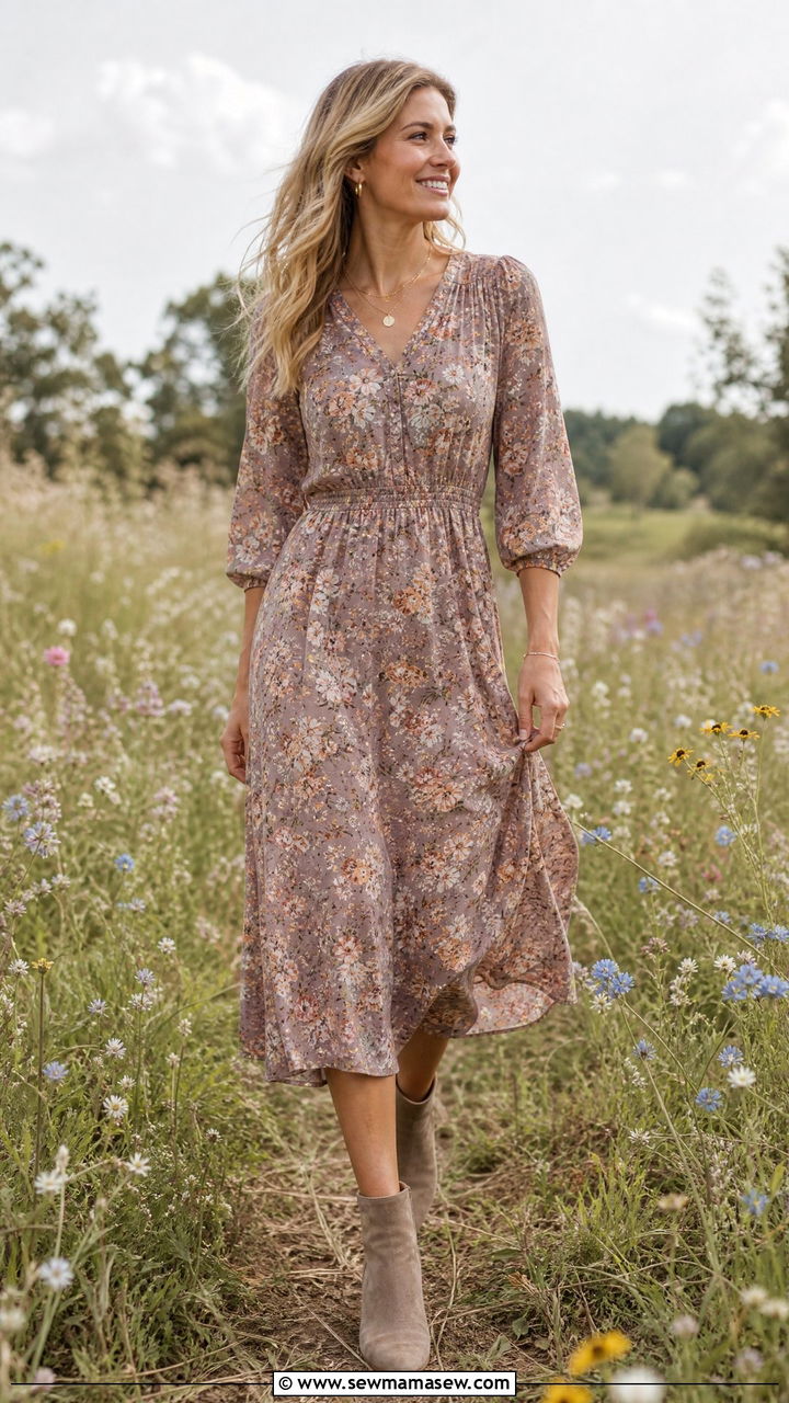 Floral Midi Dress and Ankle Boots - 30 family photo outfits for women
