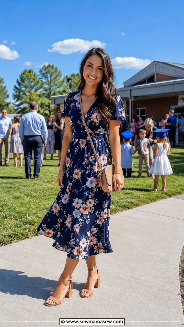 Floral Midi Dress and Block Heels - 30 Kindergarten graduation outfit ideas for moms