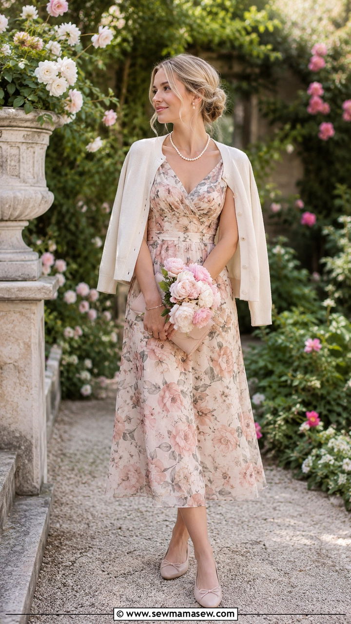 Floral Midi Dress and Cardigan With Ballet Flats and Pearl Necklace - 25 Old money outfit ideas with pearls necklace