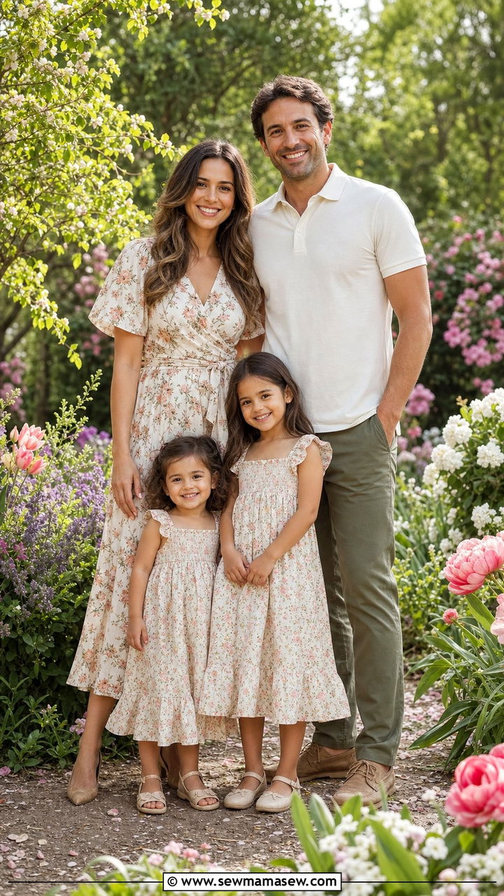 Floral Midi Dress and Chinos Spring Family Outfit - 25 cute family photo outfits